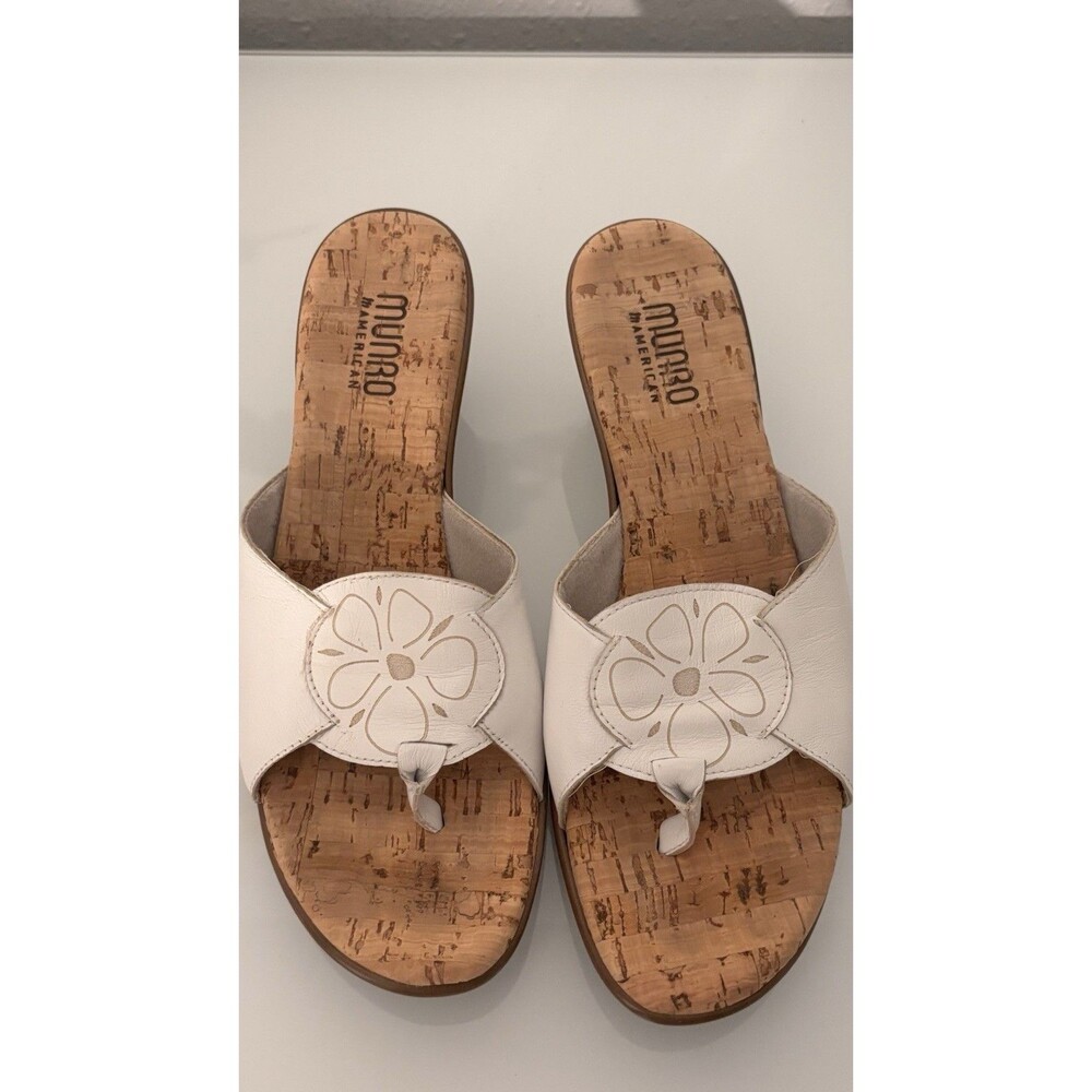 Munro American Cork Wedge Slide Sandals White Leather Floral  Size‎ 8